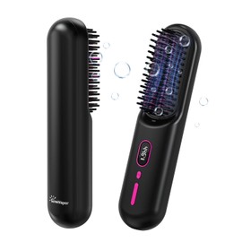 Cordless Hair Straightener Brush with 200 Million Anion, Portable Comb for Travel with LCD Display, 2 Clips - Black