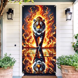 Fire Tiger Door Cover Banner for Front Door, 35.4"x70.87" Bengal Tiger Tapestry Wall Hanging for Bedroom, Cool Tiger Party Backdrop for Gaming Room Man Cave Dorm, Door Decoration with 4 Grommets and Rope