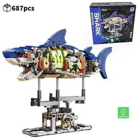 Creative Mechanical Shark Design Building Block Set, 687pcs/set Marine Animal Building Block Toy with Display Stand & Lights, Fun Toy for Adults
