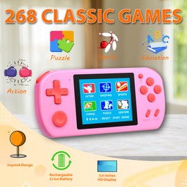 Handheld Games for Kids Adults with Built in 268 Classic Retro Video Games,3.0'' Color Screen Rechargeable Portable Arcade Gaming Player,Boys Girls Travel Electronics Toys Birthday Gift (B-Pink)