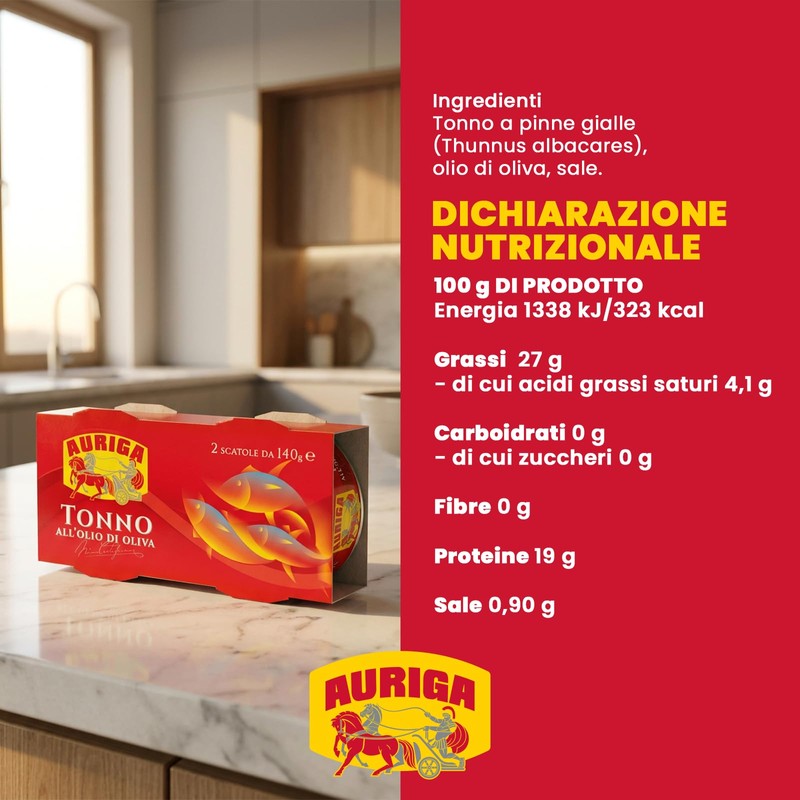 Tonno Auriga 140gr all'olio di oliva. Confezione da 2 lattine.Fonte