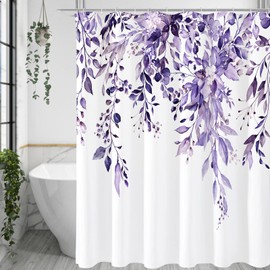 Gibelle Purple Eucalyptus Shower Curtain, Watercolor Plant Leaves with Floral Bathroom Shower Curtain Set, 72x72