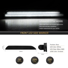 Bestview 2PCS LED Side Marker Lights for 2015-2023 Ford Mustang: White Rear Fender Side Marker Lamps, Waterproof Turn Signal Reflectors Lights, Smoked Lens Driver & Passenger Side Bumper Lights