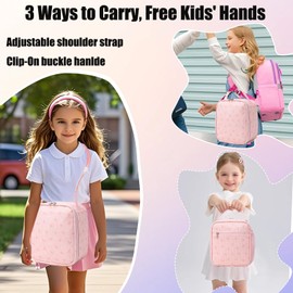 Dafelile Lunch Bag for Girls Women Kids,Reusable Insulated Corduroy Bow Lunch Box With Adjustable Shoulder Strap for School Work Picnic Large Capacity Pink