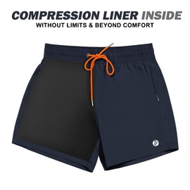 BRISIRA Mens Swim Trunks Swim Shorts Quick Dry 5 inch Inseam Beach Shorts with Compression Liner and Zipper Pocket Navy