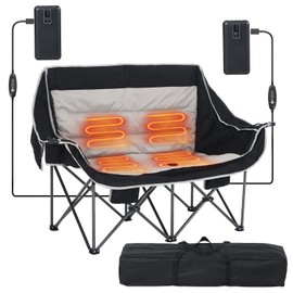 CDEN Heated Camping Chair, Padded Chair, Oversized Camping Loveseat, Double Camping Chairs, with Cup Holder, Cooler Bag, Wine Holder, Dual Power Banks Included(Black & Gray)
