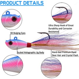 Fishing Jig Head Lures Bucktail Jigs Lead Teaser Fishing Lure Baits Deer Feather with Fishing Hooks for Saltwater Freshwater Fishing 0.25oz/0.5oz/1oz/1.5oz/2oz(Purple(0.5oz-2pcs))