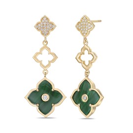 Malachite Three Flower Drop Dangle Earrings for Women with Cubic Zirconia in 925 Sterling Silver Friction Back by Lavari Jewelers