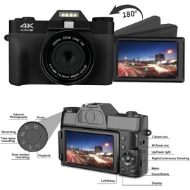 Acuvar 4K 56MP Digital Camera for Photography, Vlogging Camera for YouTube with 3’’ 180° Flip Screen WiFi, 16X Zoom, Rechargeable Battery, 64GB Micro SD Card, 6 PC Card Holder, USB Card Reader (Black)