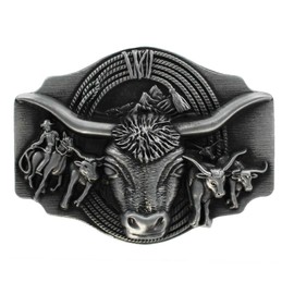 eeddoo® Gürtelschnalle - Bulle & Cowboy - mit Longhorn - Western Belt Buckle (für Wechselgürtel für Damen und Herren | Belt Frauen Männer Rodeo Texas USA Silber Reiten Pferd Ranch Oldschool Trucker)