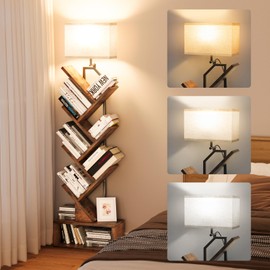 addlon 6-Tier Tree Bookcase with LED Light,Steel&Wood Corner Bookshelf with 3 Way Adjustable Lighting and Cabinet for Book Storage,Small Book Shelf for Kids Rooms&Home Office&Living Room-Rustic Brown