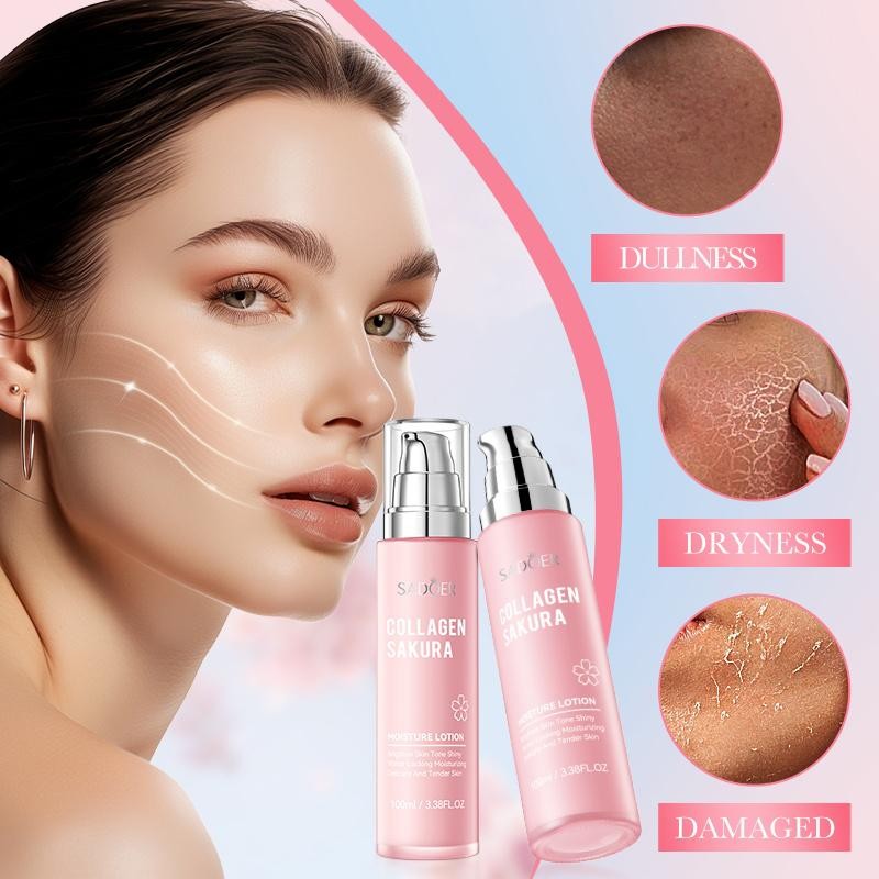 Collagen Sakura Moisturizing Lotion,Brighten Skin Tone Shiny Water Locking Moisturizing