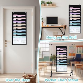 ALSLEA 15" Extra Wide Hanging File Organizer with 8 Pockets - Heavy Duty Classroom Pocket Chart, Wall Mounted Document Organizer with Writable Clear Pocket, 5 Wall/ Door Hooks & 12 Labels (Black)