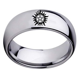 generic Supernatural Ring Anti-Possession Symbol Dome Silver Titanium Steel Band for Men Women Sizez 6-17