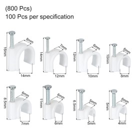 uxcell 800Pcs Cable Clips with Steel Nails 4mm/5mm/6mm/7mm/8mm/10mm/12mm/14mm White Round Wire Clip with Steel Nail for Cable Holder Cable Management Desk