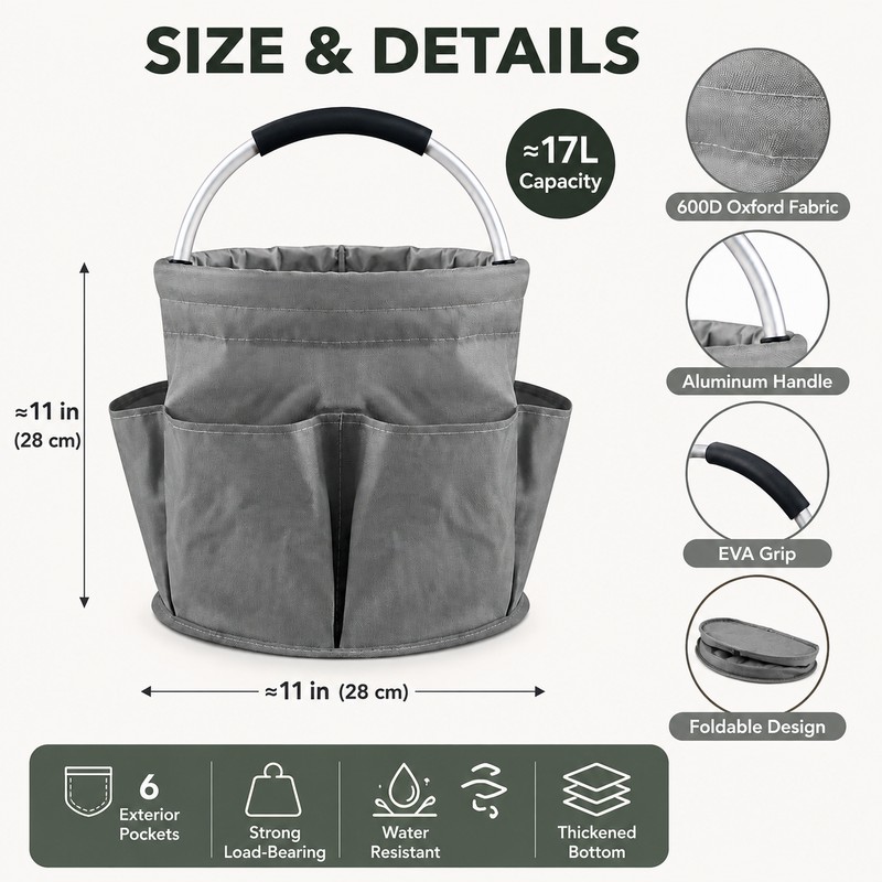 17L Garden Tool Storage Basket for Gardening - Foldable 6-Pocket