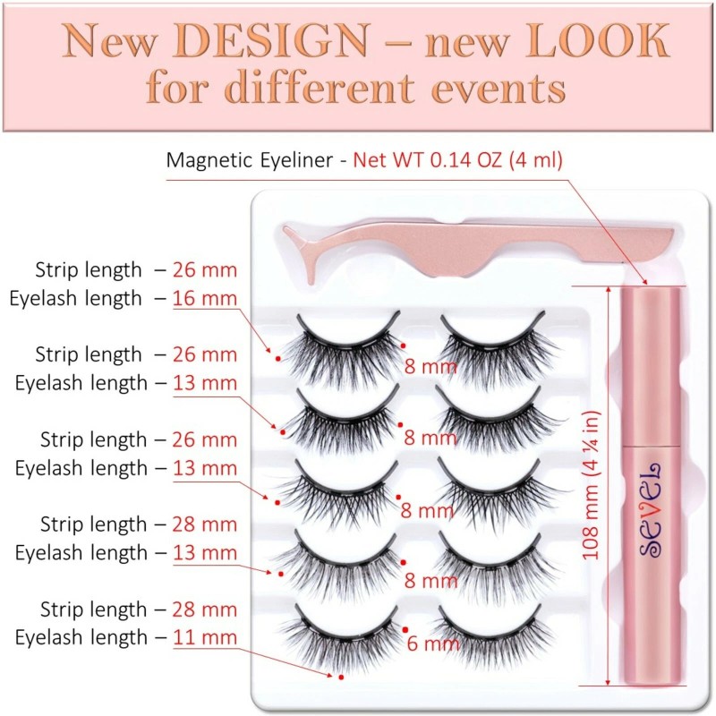 SEVEL Magnetic Eyeliners and Eyelashes, 5 Pairs Natural and Reusable