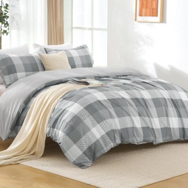 MUXHOMO Duvet Cover Queen Size, 3 Pieces Plaid Duvet Cover Set, Reversible Grey Dot Check Bedding Set with Dual-Zipper & 8 Corner Ties (90"x90", 2 Pillowcases)