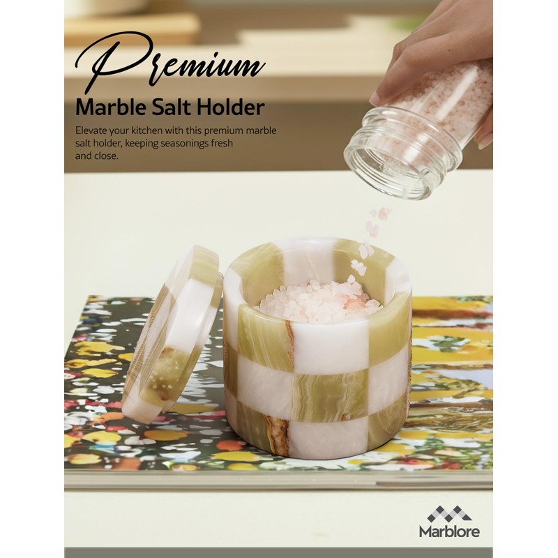 MARBLORE Marble Salt Cellar with Lid & Spoon, White &