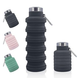 Yanlin Botella de Agua Plegable, 500ml Botella de Agua Deportiva Reutilizables, con Mosquetón, Portátil a Prueba de Fugas Botellas de Agua Deportivas, para Fitness Ciclismo (Gris)