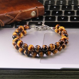 HASKARE Mens Tiger Eye Crytal Bracelet, Natural Stone Double Tiger Eye Durable Wired Adjustable Beads Bracelet for Men, Premium Protection Gemstone Men Jewelry for Gifts Christmas Fathers Day