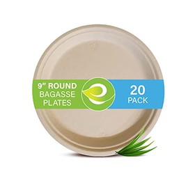 ECO SOUL 100% Compostable, Disposable Bagasse Paper Plates | Heavy-Duty Eco-friendly Dinner Plates | Sturdy, Microwave & Oven Safe | Party, Wedding, Event Plates (20 Count, 9" Round Plates)
