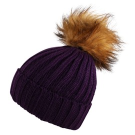 Itzu Womens Ribbed Beanie Hat Chunky Detachable Faux Fur Bobble Pom Turn Up Adult Purple (Brown)