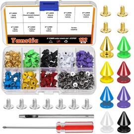 Tanstic 122Pcs Metal Spikes and Studs Kit, 8 x 12mm 8 Colors Bullet Cone Spikes Screw Back Studs Spikes Leather Punk Spikes with Installation Tools for Clothing Shoes Belts Leather Craft