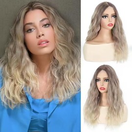 iAelev Ombre Blonde Wig - 18 Inch Medium Length Wavy Synthetic Wig for Women, Soft Middle Part Hair with Realistic Look for Everyday, Party, and Cosplay Use