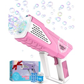 Joyfuture Bubble Gun - Bubble Machine for Kids - Toys Gifts for Boys Ages 3+ Year Old - Bubbles Blaster with 8-Hole Wands & LED Light, Include Bubble Solution - Pink