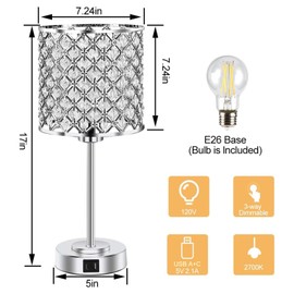 GyroVu Crystal Table Lamp, Touch Control Table Lamps with USB C+A Ports - 3 Way Dimmable Bedside Lamp with Bulbs, Crystal Nightstand Lamp Modern Light for Bedroom, Living Room, Bulb Included