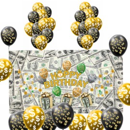 5.9x3.3ft Oxford Cloth Money Themed Birthday Poster & Balloons Set Currency Symbols US Dollar Bill Cash Party Wall Decorations for Adults Boys Girls 16th 18th 30th 40th 50th Party Supplies