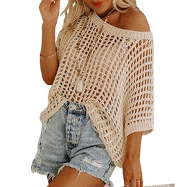 Melliflo Womens Fashion Sweater Casual Off The Shoulder Short Sleeve Hollow Out Sweater Pullover Knit Tops（AP，L） Apricot