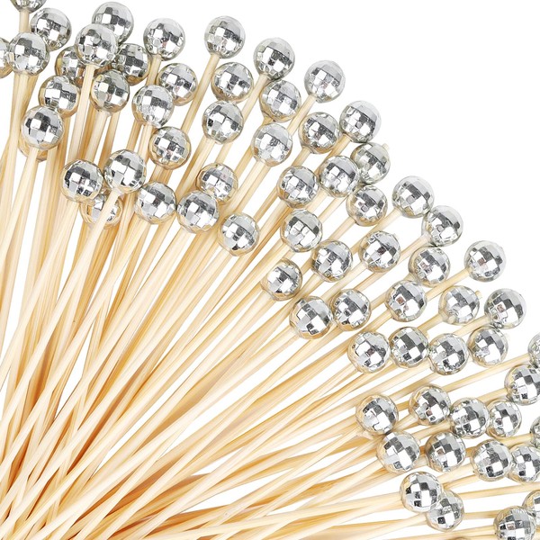 CCINEE 200pcs Disco Ball Cocktail Picks,70's Silver Bamboo Toothpicks Skewers