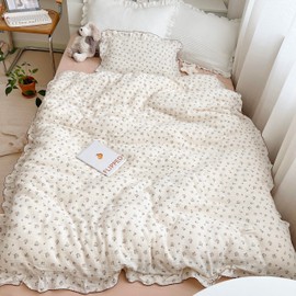 AOJIM Muslin Baby Kids Duvet Cover with Ruffled Edges for Boys Girls, 1 Piece Pure Cotton Toddler Comforter Cover 59X79'', Rose Pattern Kids Bedding 2-Layer Gauze, No Quilt or Pillowcases