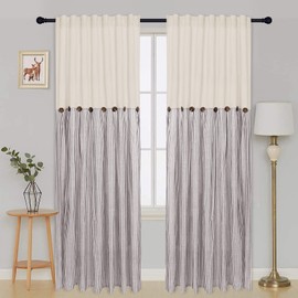 BLEUM CADE Cotton Linen Farmhouse Curtains Boho Rustic Button Curtains Natural and Brown Stripe Color Block Curtain Rod Pocket & Back Tab Window Drapes for Bedroom Living Room(52 x 84 Inch, 2 Panels)