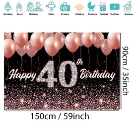 Happy 40th Birthday Party Decoration Backdrop Banner for Woman Happy 40 Years Old Fabric Sign Poster, Glitter Rose Gold Photography Background 40th Birthday Table Decoration, 150x90cm