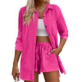 IN'VOLAND Women's Plus Size 2 Piece Outfits Cotton Linen Shirt and Drawstring Shorts Set Summer Casual Tracksuits 2024