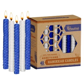 The Hanukkah Company Beeswax Chanukah Candles - Standard Size Fits Most Menorahs - Blue and White Beeswax Honeycomb Hanukkah Candles - Premium Quality Pure Bees Wax - 45 Count for All 8 Nights