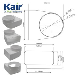 Kair Elbow Bend Adaptor 150mm x 70mm to 125mm - 5 inch Rectangular to Round 90 Degree Bend Adapter for Converting to Different Size Plastic Ducting Systems