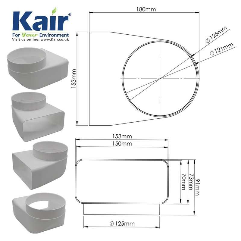 Kair Elbow Bend Adaptor 150mm x 70mm to 125mm -