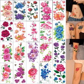 20 Sheets Large Flower Temporary Tattoos Stickers,Colored Lotus Plum blossom Rose Flower Mixed Style Temporary Tattoo for Women Girls Kids Adult Body Art Decoration Gifts 731
