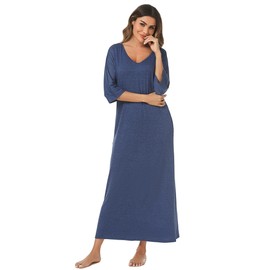 Uniexcosm Long Nightdress for Women Nightgowns 3/4 Sleeve Cotton Nighties Baggy Ladies Nightshirts with Pockets Plus Size Sleep Dress Nightwear Loungewear Sleepwear S-XXL Blue