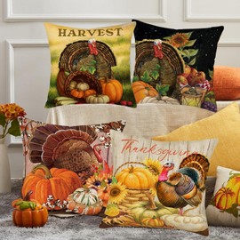 Easternproject Thanksgiving Turkey Pumpkin Throw Pillow Cover 18x18 Inch Set of 4 Vintage Fall Harvest Sunflower Autumn Farmhouse Decorative Pillow Cases Cotton Linen Cushion Cover for Sofa Couch
