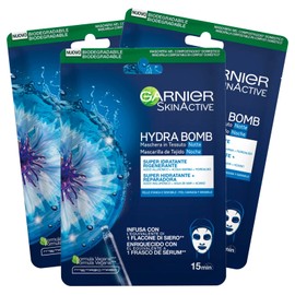 Garnier Skinective Hydra Bomb Mask Night In Super Moisturizing Fabric Vegane Formel mit Fiordaliso und Hyaluronsäure mit regenerierender Wirkung für müde und empfindliche Haut - 3 Einwegmasken