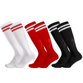 Invalidism 3 Pairs Kids Football Socks, Childrens Football Socks Kids Breathable Soccer Sock Long Football Socks for Sporting Running Training Socks for Children Aged 5-12(White+Black+Red)