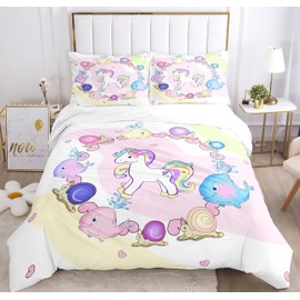 Hoimlm Unicorn Bed Linen, Children's Bedding Set with Duvet Cover and 2 Pillowcases, Cartoon Unicorn Microfibre Soft Girls Bedding with Zip (135 x 200 cm, Style J)