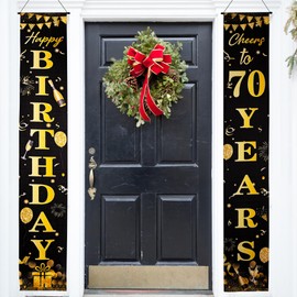 Happy 70th Birthday Party Decorations Black Gold 70th Birthday Door Banner Porch Hanging Banner, 70th Birthday Door Decorations for Women Men 70 Year Old Indoor Outdoor Garden Black Gold