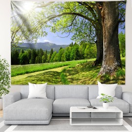 Dsnyu Tapestry 350 x 256 cm, Natural XXL Trees Sunshine Green Wall Hanging Decoration Landscape Polyester Washable