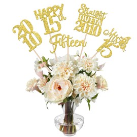 15 PCS 15th Birthday Centerpiece Sticks Fifteen Happy 15th Straight Outta 2010 Table Flower Centerpieces Sticks Cheers to 15 Floral Decorations for 15th Birthday Party Centerpieces Supplies Gold